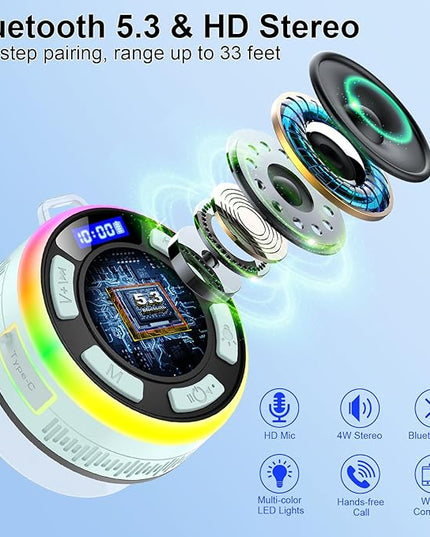 Shower Bluetooth Speaker IPX7 Waterproof, Portable Bluetooth Speakers with Suction Cup and Time Display, Crystal Sound&Bass LED Light 1100mAh, Wireless Shower Speaker for Outdoor/Kayak/ Light Cyan
