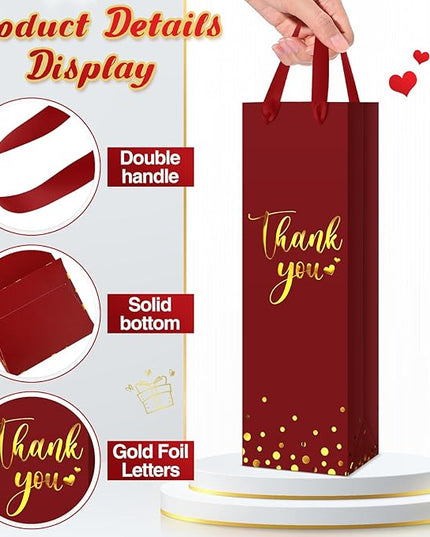 Ctosree 30 Pcs Wine Bottle Gift Bag with Handle 4.3x3.5x13.7 Liquor Paper Bag for Thank You Favor Gold Foil Kraft Whiskey Tote Carrier for Wedding Birthday Bridal Valentine's day Party(Burgundy)