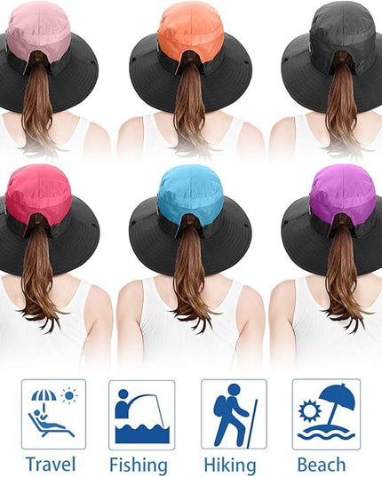 6 Pieces Womens Ponytail Wide Brim Sun Hat Packable UV Protection Beach Cap for Fishing & Hiking
