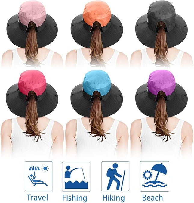 6 Pieces Womens Ponytail Wide Brim Sun Hat Packable UV Protection Beach Cap for Fishing & Hiking
