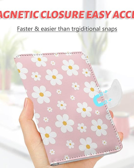Passport Holder, Travel Wallet Cover with Pen Loop | Cute RFID Blocking Leather Case with Magnetic Closure for Travel Essentials-flower