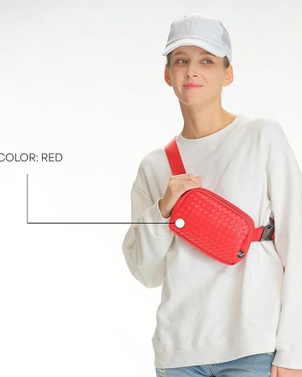 C.C Woven Vegan Leather Fanny Pack – Waist Bag with Adjustable Strap, Crossbody Belt Bag (Vegan Leather Woven - Red)
