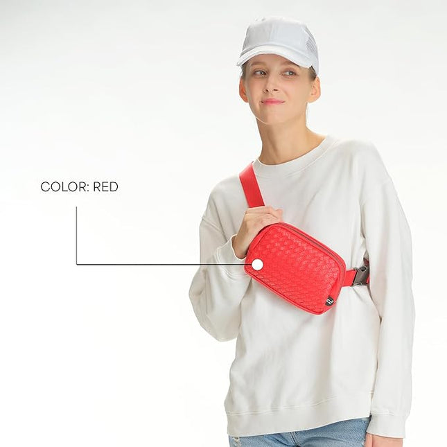 C.C Woven Vegan Leather Fanny Pack – Waist Bag with Adjustable Strap, Crossbody Belt Bag (Vegan Leather Woven - Red)