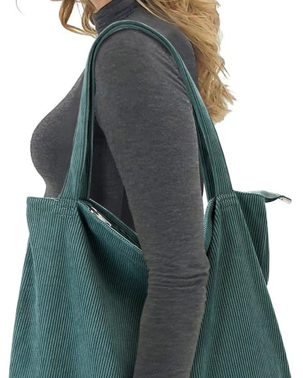 KALIDI Women Corduroy Tote Bag Zipper Casual Tote's Handbag Big Capacity Shoulder Bag with Pockets