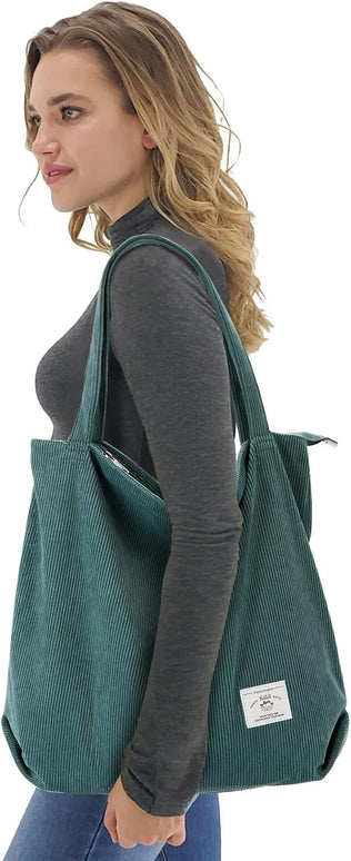 KALIDI Women Corduroy Tote Bag Zipper Casual Tote's Handbag Big Capacity Shoulder Bag with Pockets