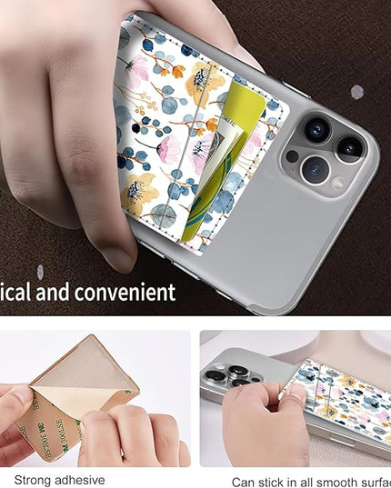 Phone Card Holder, Dual Pocket Leather Wallet Adhesive Stick On, Cute Credit Card Holder for Smartphones Case Compatible with Most Phone（Stamens）