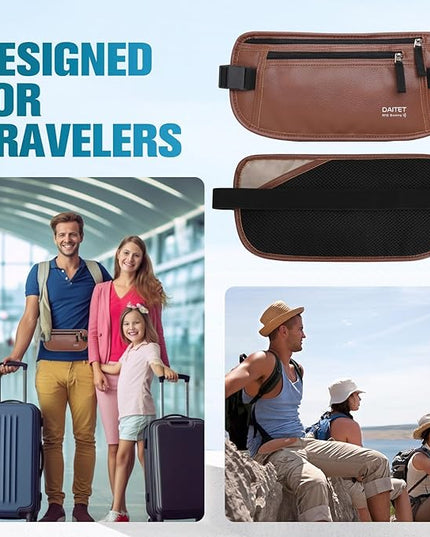 PU Leather Money Belt - Passport Holder Secure Hidden Travel Wallet with RFID Blocking, Undercover Fanny Pack(Brown)