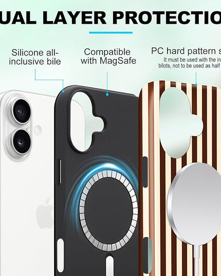 Magnetic for iPhone 17 Case Cute Stripes Phone Case, Shockproof Slim TPU and Hard PC Protective Phone Cover Compatible with MagSafe Designed for Women Girls, Brown