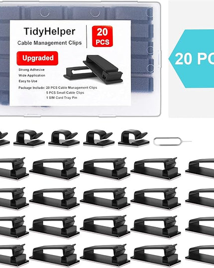 Cable Management Clips, Large Cord Clips for Under Desk Wire Management, Adhesive Organizer Multiple Cord (Computer/PC, Network, TV, Ethernet) Black 20 PCS