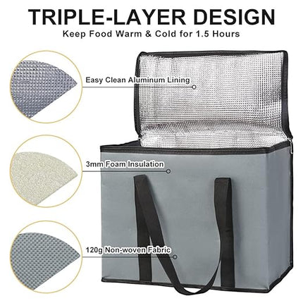 CIVJET Insulated Grocery Shopping Bags, X-Large Food Delivery Bag for Delivery Drivers, Reusable Tote Cooler Bag for Travel, Dark Gray, 2-Pack
