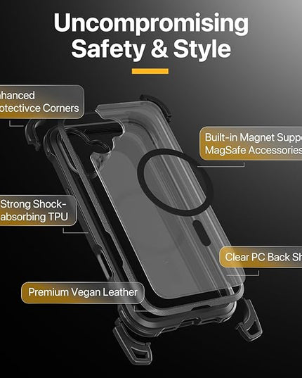 MAGEASY Designed for iPhone 16 Pro Case with Strap - 20ft Drop Protection Compatible with MagSafe, Transformable Protective & Lanyard Case, Vegan Leather Frame | Odyssey Strap M (Leather Black)