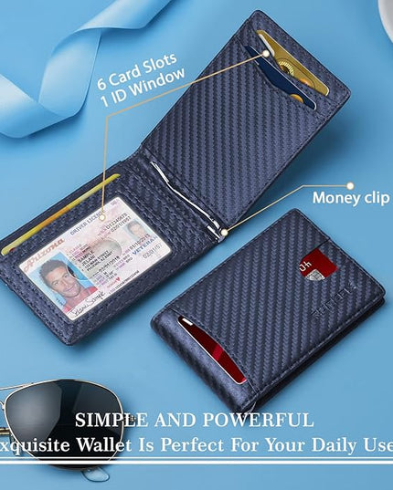 RUNBOX Slim Wallet for Men Genuine Leather RFID Blocking Bifold Minimalist Front Pocket Mens Wallet with Money Clip Thin Gift Box