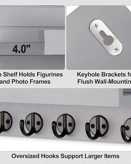 Lwenki Key Holder Wall Mount, Entryway Key and Mail Holder with 7 Sturdy Hooks for Sunglasses, Dog Leash, Decorative Wall Shelf with Mounting Hardware, 15”W x 6.7”H x 4.2”D (Gray)