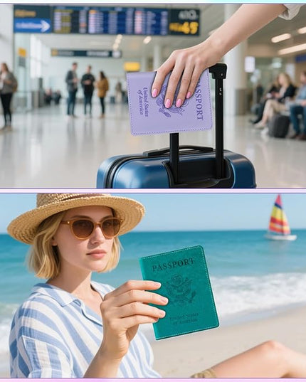 Passport Holder for Travel, 2 PCS Passport Holder, Travel Passport Holders Must Haves for Women Men, Passport Cover Passport Wallet Case Holders for Travels Cruise Ship Essentials, Purple & Lake Blue