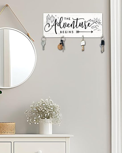 Yhtmbf The Adventure Begins Wooden Key Holder for Wall - 5"x10" Key Organizer Hanger with 4 Hooks for Home Front Door Hallway Entryway Kitchen - Home Office Decor & Housewarming Gifts Supplies - A02