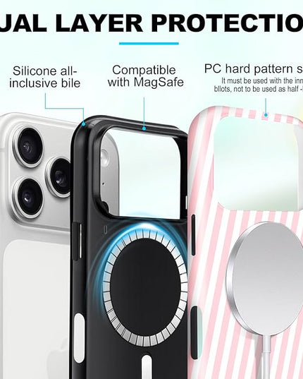 Magnetic for iPhone 17 Pro Max Case Cute Diagonal Stripes Phone Case, Shockproof Slim TPU and Hard PC Protective Phone Cover Compatible with MagSafe Designed for Women Girls,Pink