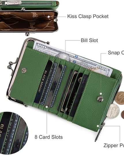 Montana West Wrangler Women's Wallet RFID Blocking Wallets Small Bifold Credit Card Holder with Kiss Clasp Green