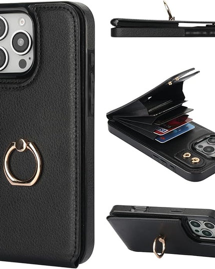 Folosu Compatible with iPhone 16 Pro Max Case Wallet with Card Holder, 360°Rotation Finger Ring Holder Kickstand, RFID Blocking Leather Protective Double Buttons Shockproof Cover 6.9 Inch Black