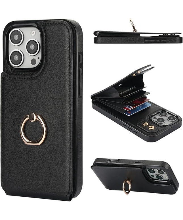 Folosu Compatible with iPhone 16 Pro Max Case Wallet with Card Holder, 360°Rotation Finger Ring Holder Kickstand, RFID Blocking Leather Protective Double Buttons Shockproof Cover 6.9 Inch Black