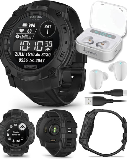 Wearable4U Garmin Instinct 3 Tactical Edition, Solar Charging Display, 50mm, Rugged Outdoor GPS Smartwatch, Applied Ballistics Support, LED Flashlight, Multi-Band GPS White Earbuds Bundle