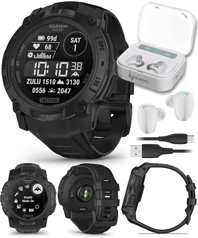 Wearable4U Garmin Instinct 3 Tactical Edition, Solar Charging Display, 50mm, Rugged Outdoor GPS Smartwatch, Applied Ballistics Support, LED Flashlight, Multi-Band GPS White Earbuds Bundle