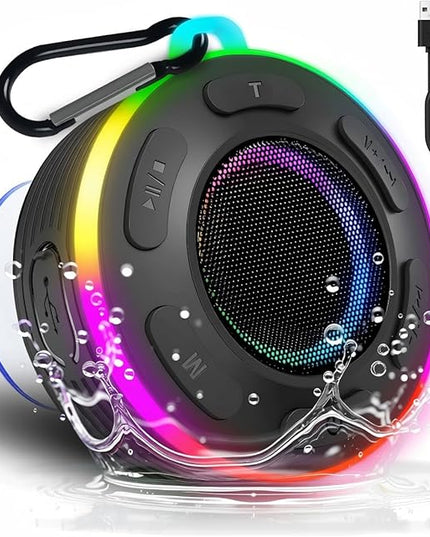 Portable Bluetooth Shower Speaker with Led Light,Waterproof Speaker Loud Sound Built-in Mic Hands,Free Suction Cup&Hook,small Shower speakers for outdoor,Beach,Camping,Kitchen,Kayak,Gifts for unisex