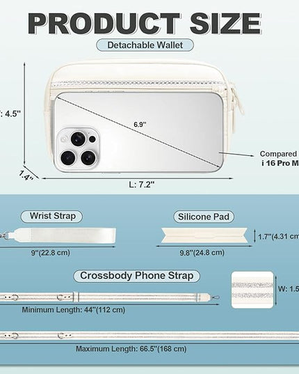 Clip and Go Strap for Phone with Wallet Crossbody, Adjustable Phone Lanyard with Detachable RFID Wristlet Wallet, Pattern Strap - Cream&Silver (L)