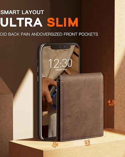 RUNBOX Wallet for Men Slim Leather Bifold RFID Blocking Minimalist Front Pocket Design with Gift Box