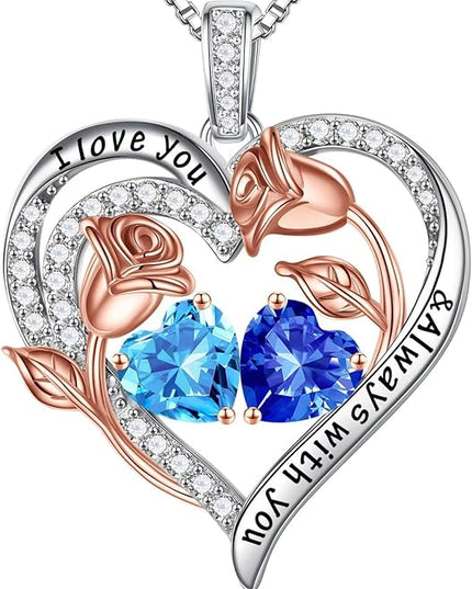 Iefil Christmas Gifts for Women Wife - 925 Sterling Silver Rose Heart Birthstone Necklace Birthday Anniversary Jewelry Gifts for Her Wife Mom Daughter
