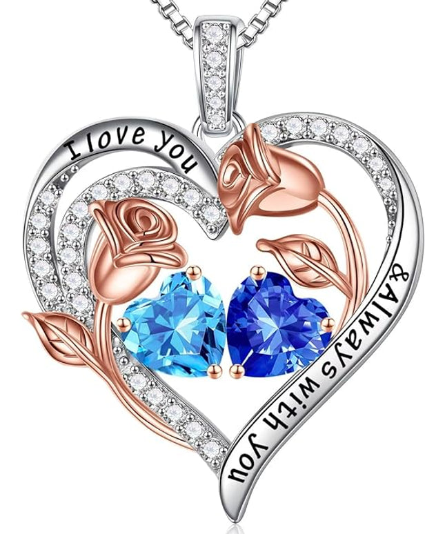 Iefil Christmas Gifts for Women Wife - 925 Sterling Silver Rose Heart Birthstone Necklace Birthday Anniversary Jewelry Gifts for Her Wife Mom Daughter