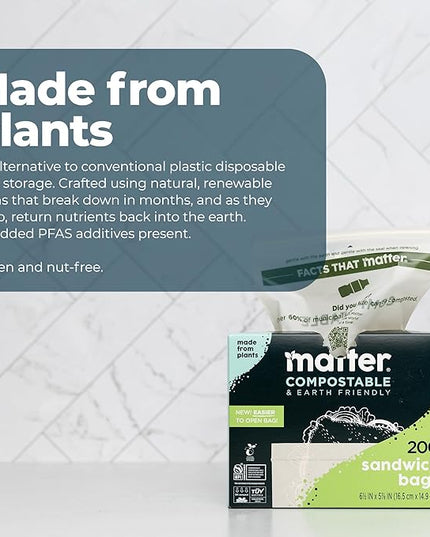 Matter Compostable Sandwich Bags for Food Storage, Eco-Friendly, Resealable, 200 Count