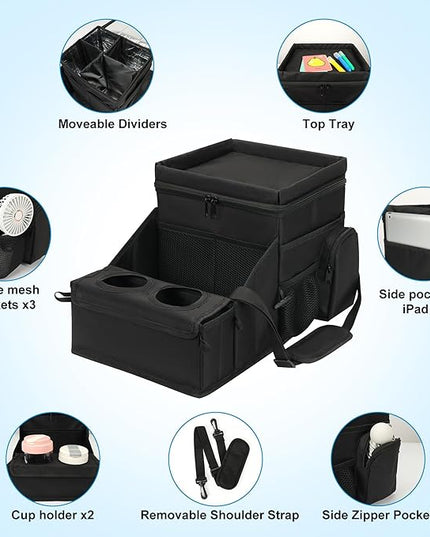 COOLBEBE Car Seat Organizer, Backseat Car Organizer with Cup Holders for Kids and Adults Travel, Cooler Compartment Passenger Seat Organizer Storage Box for Front or Middle Seat, Black