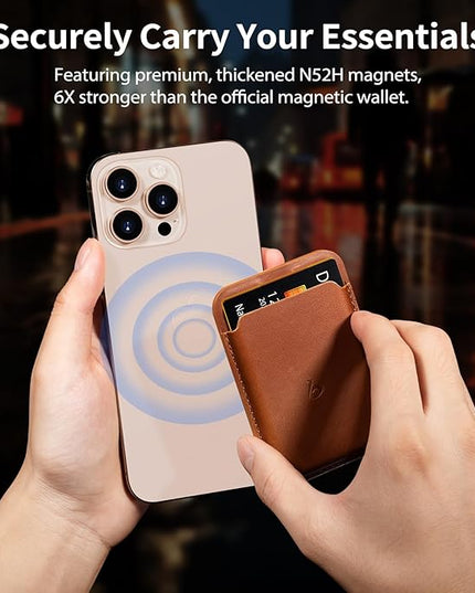 Belemay Strong Magnetic Wallet Compatible with Magsafe, Luxury Minimal Card Holder for 1-2 Cards, Premium Full-grain Smooth Leather Compatible with iPhone 17/16/15/14/13/12 series&MagSafe cases, Brown