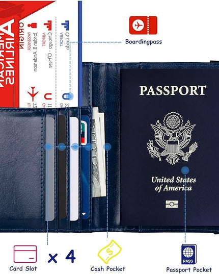 TOURSUIT RFID Blocking Passport Holder for Women Men, Leather Passport Travel Wallet with Metal 3D Metal Badge, Travel Document Holder Cover Accessories (Dark Blue)