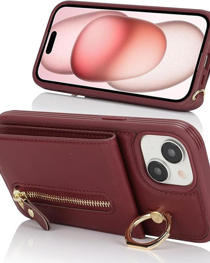 for iPhone 15 Wallet Case with Card Holder, for iPhone 15 Case Wallet with Strap Credit Card Slot, Crossbody Bag with Zipper Case for iPhone15 - Red Wine