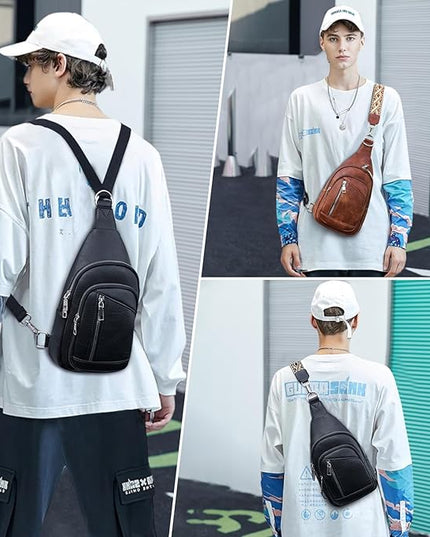 Sling Bag Crossbody Backpack - 2 in 1 Leather Cross Body Bag Fanny Pack with 2 Removable Straps