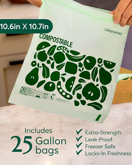 Cleanomic Compostable* Gallon Size Food Storage Bags (25 Eco Zip) Freezer and Leak Proof, Also Available Quart, Snack and Sandwich Bags