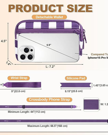 Clip and Go Strap for Phone with Wallet Crossbody, Adjustable Phone Lanyard with Detachable RFID Wristlet Wallet, Phone Strap with Phone Tabs for All Phones, Purple Checkered (L)