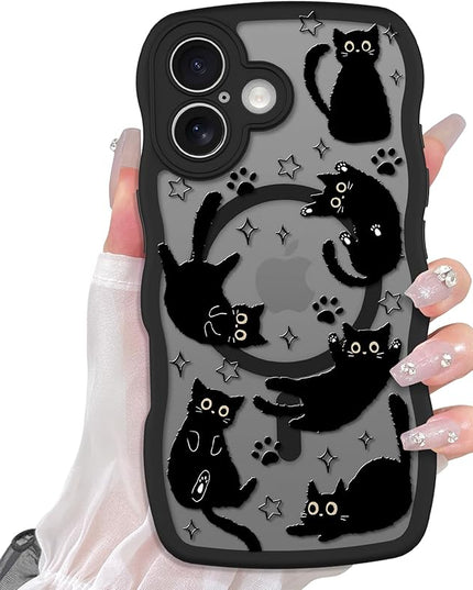Cute Case for iPhone 17 Case [Compatible with MagSafe] with Kawaii Black Cats Cat Print Pattern Design for Women Girls, Soft Wavy Edge Anti-Slip Animal Magnetic Protective Phone Cover