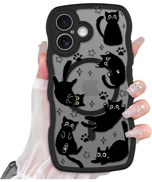 Cute Case for iPhone 17 Case [Compatible with MagSafe] with Kawaii Black Cats Cat Print Pattern Design for Women Girls, Soft Wavy Edge Anti-Slip Animal Magnetic Protective Phone Cover