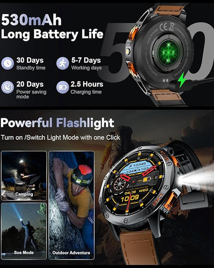 LIGE GPS Smart Watches for Men, Bluetooth Call, LED Flashlight, Compass, 1.43" AMOLED Fitness Watch with Heart Rate/Sleep Monitor, 100+ Sports Modes, iOS Android Compatible, Military Outdoor, Brown