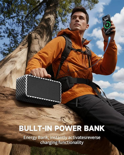 DINDIN Portable Bluetooth Speaker: 80W (Peak), 20H Playtime, Loud Wireless Wood Speakers with Bass, AUX and USB Input, Subwoofer, TWS Pairing, Vintage Speaker for Outdoor, Home, Office (White+Black)