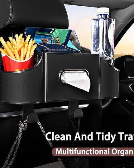 Back Seat Car Organizer,4 in 1 Multifunctional Car Back Seat Storage Box with Drink Cup Holder Tissue Box, for Hold Phone,Snacks, Drinks, Handbag-Black