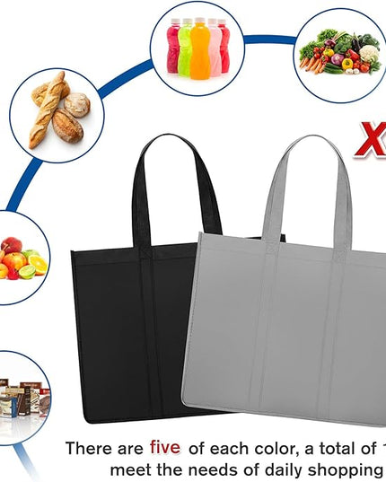 WISELIFE Reusable Grocery Shopping Bags 10 Pack Large Foldable Tote Bags Bulk, Eco Produce Bags with Long Handle for Shopping Groceries Clothes (Grey&Black)