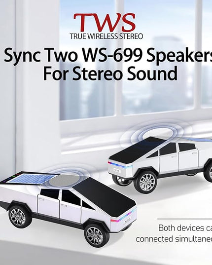 WS-699 Solar Bluetooth Replica Speaker – Future Pickup Truck Design, HD Sound, TWS Stereo Pairing, FM Radio, LED Party Light, USB/TF Playback, Hands-Free Mic, Type-C Charging, Portable Gift (Silver)