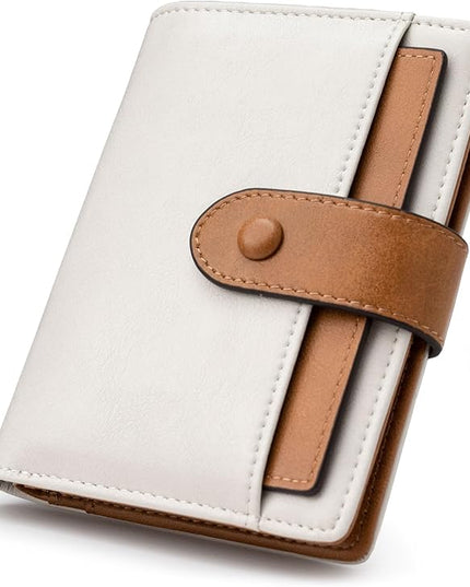 Alldaily Small RFID Blocking Leather Wallet for Women, Bifold with 10 Card Slots and Zipper Pocket (White&Brown)