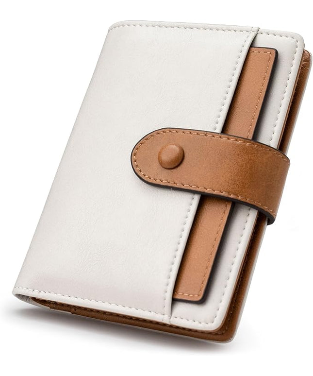 Alldaily Small RFID Blocking Leather Wallet for Women, Bifold with 10 Card Slots and Zipper Pocket (White&Brown)