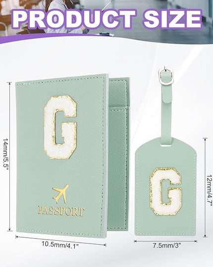 PATIKIL Passport Holder for Travel, Initial Passport Cover and Luggage Tag Set with Alphabet Chenille Letter Patch Travel Wallet Bag Suitcase Identifier for Women Family Travel Green G