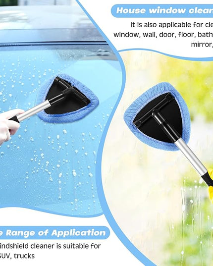 Baderke 10 Pcs Windshield Cleaner Tool Car Window Cleaning Supplies with Extendable Handle Include 6 Washable Microfiber Bonnets 2 Empty 60ml Spray Bottle Glass Wiper Kit(Light Blue)
