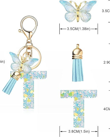 Fashion Alphabet Initial Letter Keychain Tassel Butterfly Pendant Key Ring for Purse Handbags Women Girl